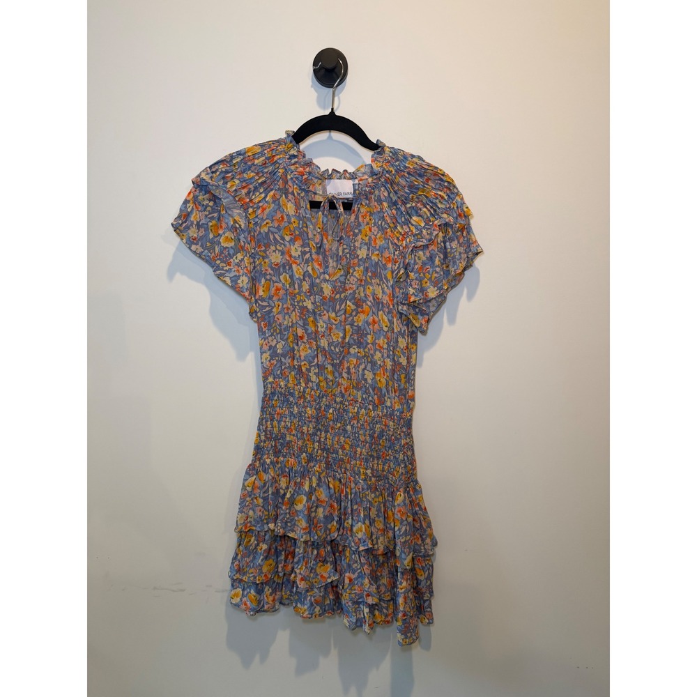 Gilner Farrar Blue Floral Smocked Mini Dress Ruffle Tiered GF147VGT Womens XS - Picture 2 of 8